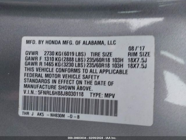 5FNRL6H88JB030118 Honda Odyssey Touring