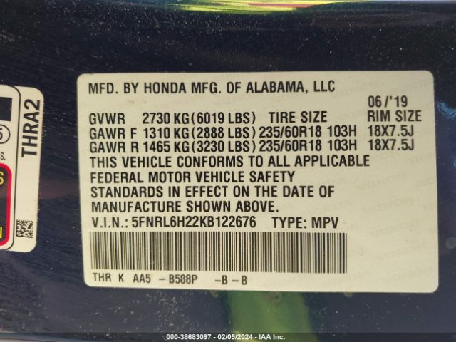 5FNRL6H22KB122676 Honda ODYSSEY LX