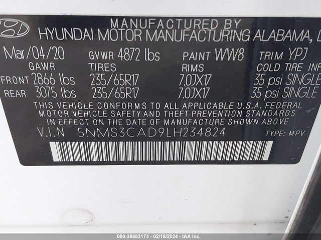 2020 HYUNDAI SANTA FE SEL VIN: 5NMS3CAD9LH234824