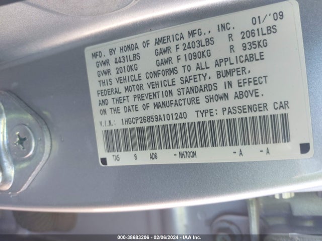 2009 HONDA ACCORD 2.4 EX-L VIN: 1HGCP26859A101240