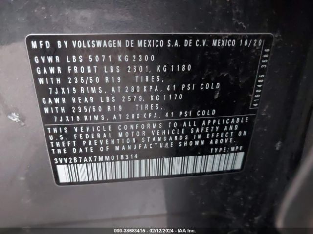 3VV2B7AX7MM018314 Volkswagen Tiguan 2.0t Se/2.0t Se R-line Black/2.0t Sel