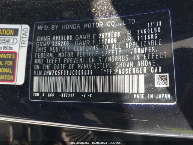JHMZC5F38JC009539 Honda Clarity Plug-in Hybrid Touring