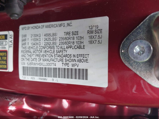 Honda Cr-v 2wd Ex 2020 5J6RW1H5XLL000774 Image 9