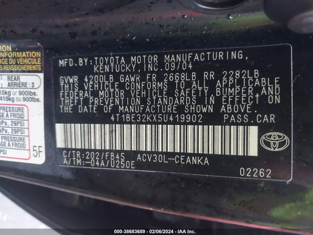 2005 TOYOTA CAMRY LE VIN: 4T1BE32KX5U419902