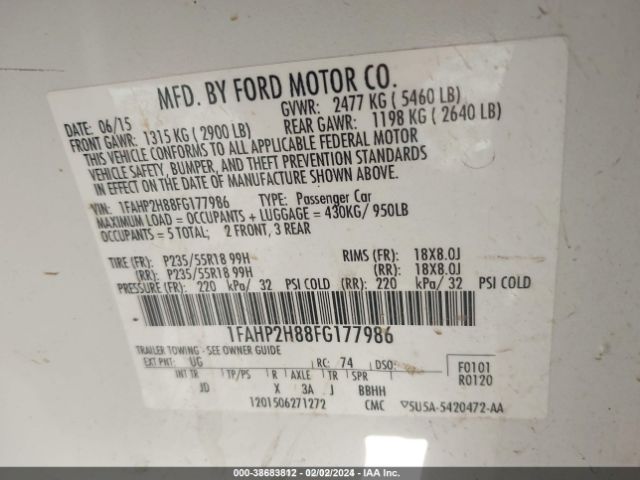 1FAHP2H88FG177986 Ford TAURUS SEL