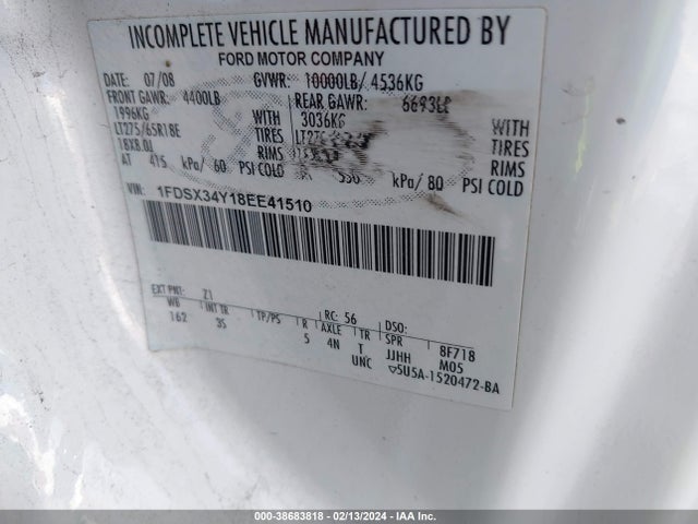 2008 FORD F-350 CHASSIS LARIAT/XL/XLT VIN: 1FDSX34Y18EE41510