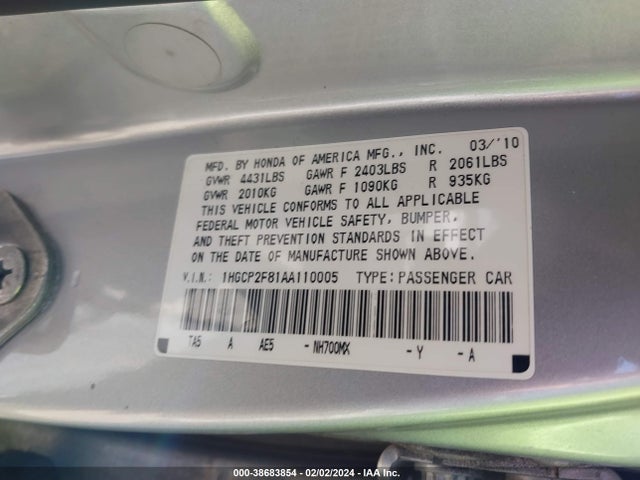 2010 HONDA ACCORD 2.4 EX-L VIN: 1HGCP2F81AA110005