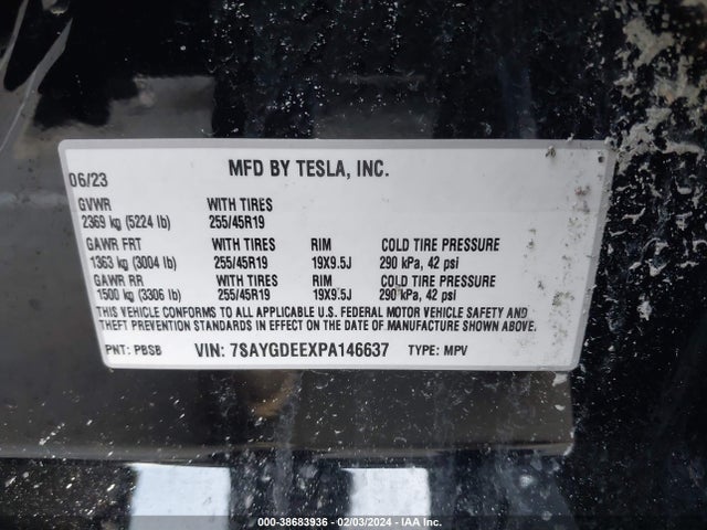 2023 TESLA MODEL Y AWD/LONG RANGE DUAL MOTOR ALL-WHEEL DRIVE VIN: 7SAYGDEEXPA146637