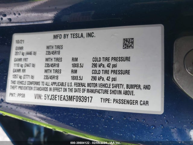 Tesla Model 3 Standard Range Plus Rear-wheel Drive 2021 5YJ3E1EA3MF093917 Image 9