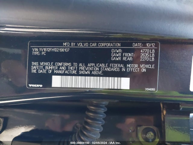 2013 VOLVO S60 T5/T5 PLATINUM/T5 PREMIER/T5 PREMIER PLUS VIN: YV1612FH1D2198107