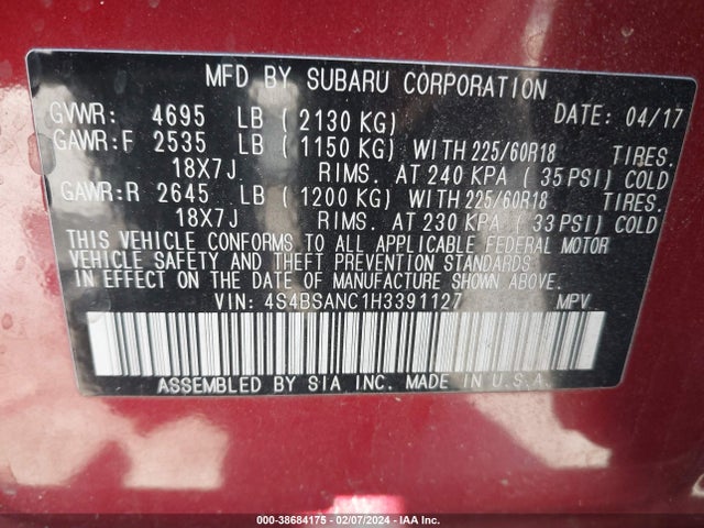 Subaru Outback 2.5i Limited 2017 4S4BSANC1H3391127 Image 9