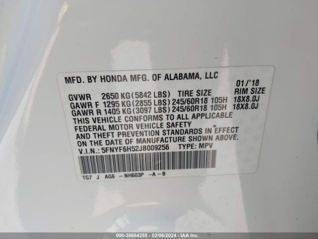 5FNYF6H52JB009256 Honda Pilot Ex-l