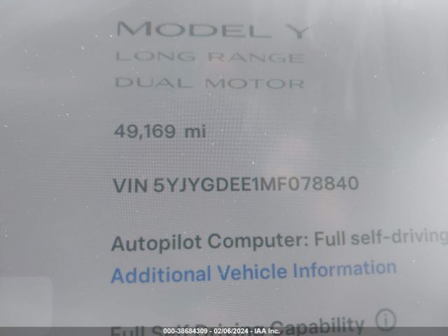 5YJYGDEE1MF078840 Tesla Model Y Long Range Dual Motor All-wheel Drive