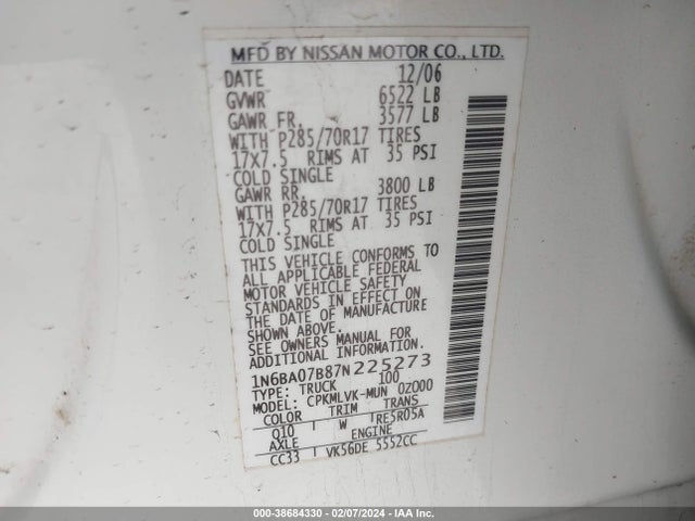 2007 NISSAN TITAN LE VIN: 1N6BA07B87N225273