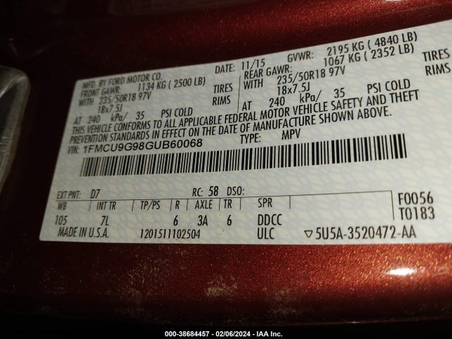 Ford ESCAPE SE 2016 1FMCU9G98GUB60068 Image 9