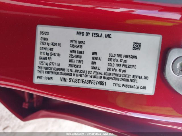 5YJ3E1EA3PF574951 Tesla Model 3 Rear-wheel Drive