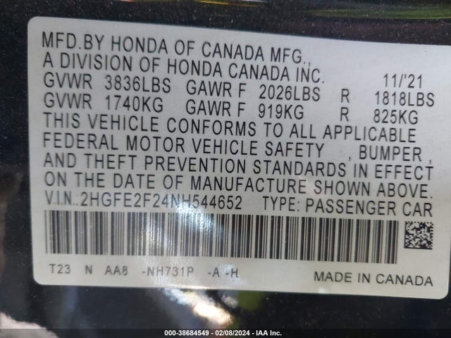 Honda k20c2 2022 2HGFE2F24NH544652 Image 26