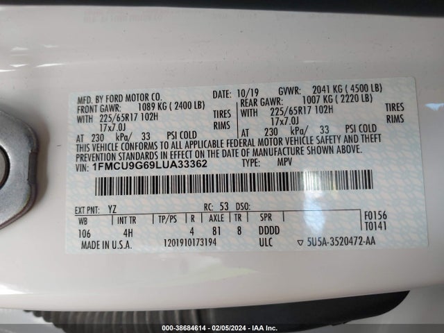 Ford ESCAPE SE 2020 1FMCU9G69LUA33362 Image 9