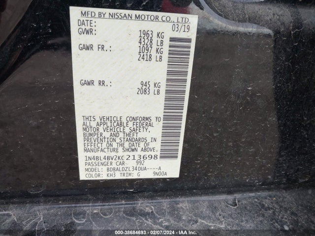 Nissan Altima 2.5 S 2019 1N4BL4BV2KC213698 Image 9