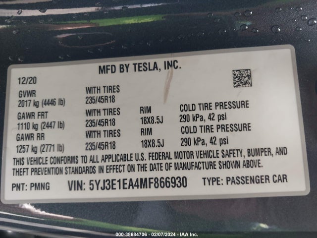 5YJ3E1EA4MF866930 Tesla Model 3 Standard Range Plus Rear-wheel Drive