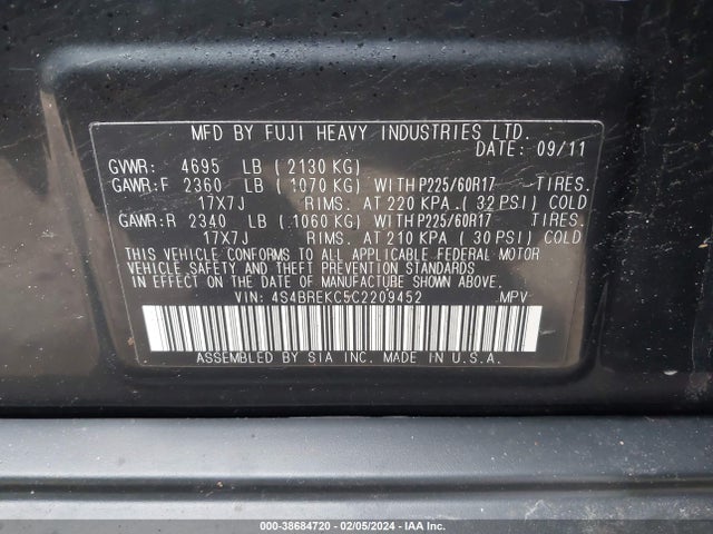 2012 SUBARU OUTBACK 3.6R LIMITED VIN: 4S4BREKC5C2209452