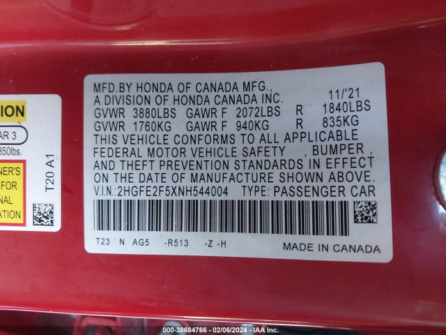 Honda Civic Sport 2022 2HGFE2F5XNH544004 Image 9
