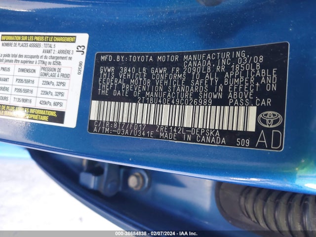 2009 TOYOTA COROLLA S VIN: 2T1BU40E49C026989