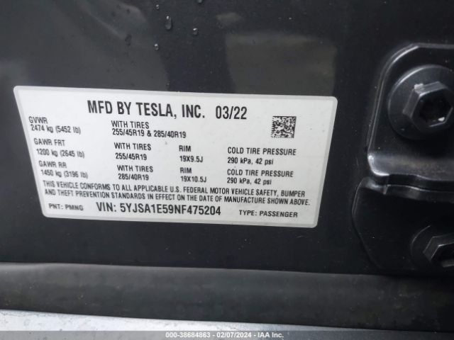 5YJSA1E59NF475204 Tesla Model S Dual Motor All-wheel Drive