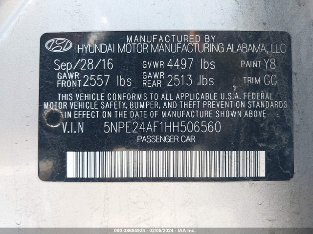 Hyundai Sonata 2017 5NPE24AF1HH506560 Image 9