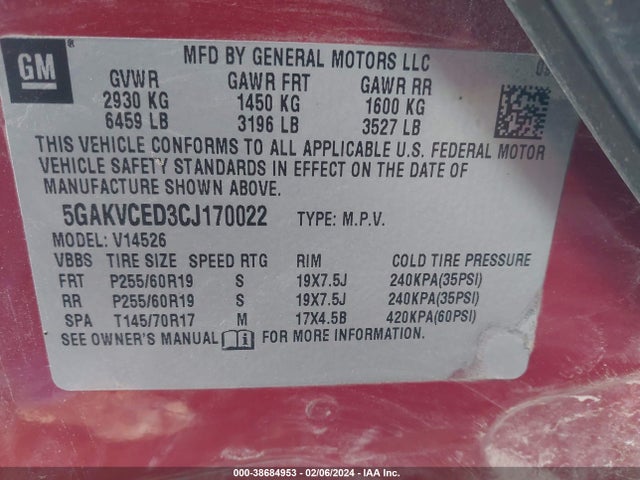 2012 BUICK ENCLAVE LEATHER VIN: 5GAKVCED3CJ170022