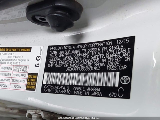 38685051 :رقم المزاد ، JTDKARFU3G3501803 vin ، 2016 Toyota Prius Two Eco مزاد بيع