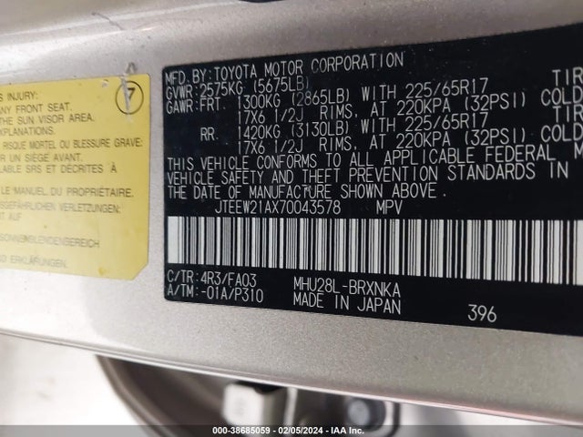 2007 TOYOTA HIGHLANDER HYBRID V6 VIN: JTEEW21AX70043578