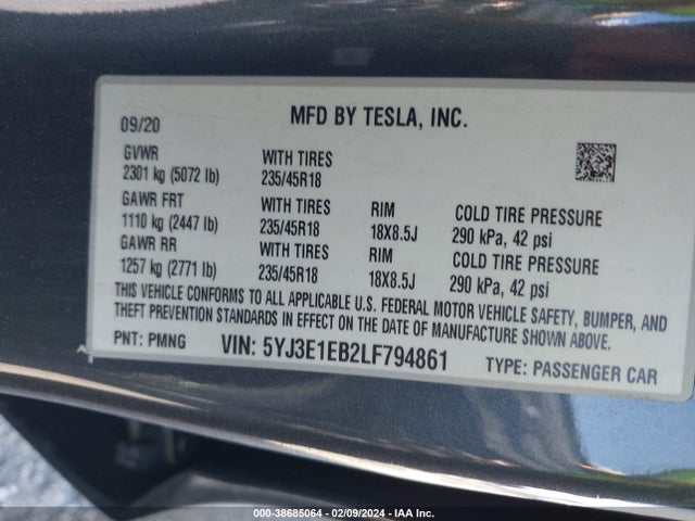 5YJ3E1EB2LF794861 Tesla Model 3 Long Range Dual Motor All-wheel Drive