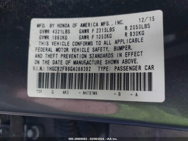 Honda Accord Ex-l 2016 1HGCR2F86GA088392 Image 9