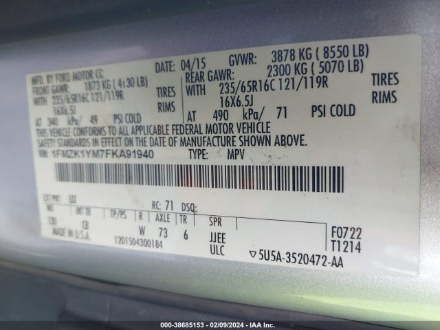 Ford Transit-150 Xlt 2015 1FMZK1YM7FKA91940 Image 9