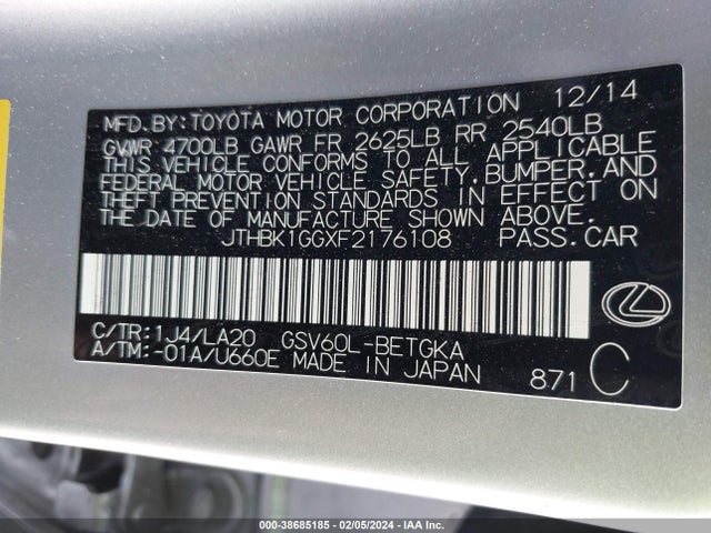 JTHBK1GGXF2176108 Lexus ES 350
