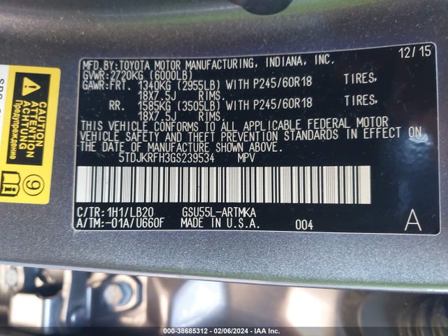Toyota Highlander Xle V6 2016 5TDJKRFH3GS239534 Image 9