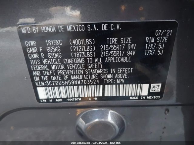 3CZRU5H59NM703524 Honda Hr-v 2wd Ex