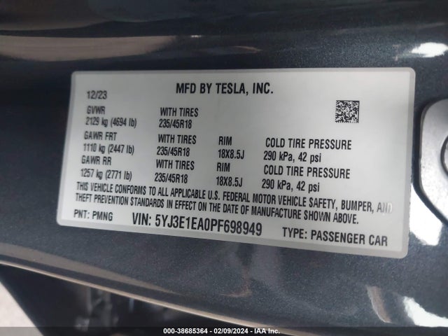 Tesla Model 3 Rear-wheel Drive 2023 5YJ3E1EA0PF698949 Image 9