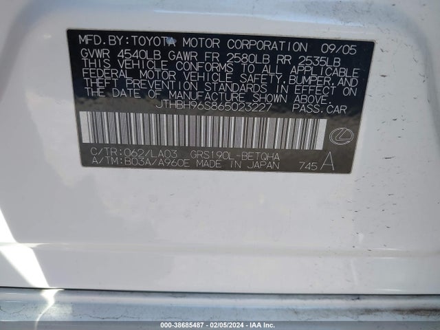 Продаж на аукціоні авто 2006 Lexus Gs 300, vin: JTHBH96S865023227, номер лоту: 38685487