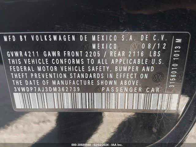 2013 VOLKSWAGEN JETTA 2.5L SE VIN: 3VWDP7AJ3DM362739