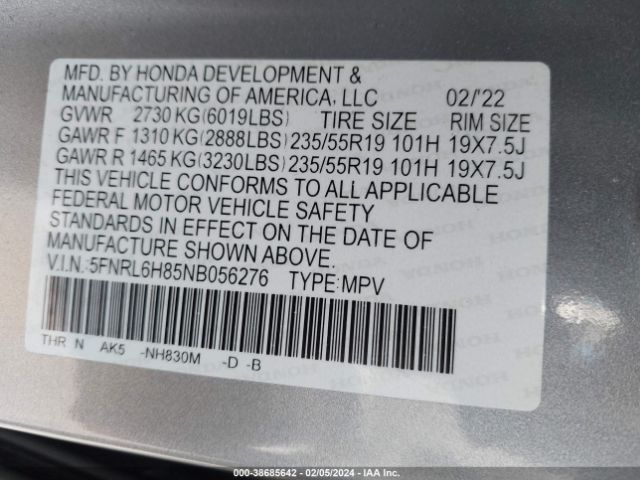 5FNRL6H85NB056276 Honda Odyssey Touring