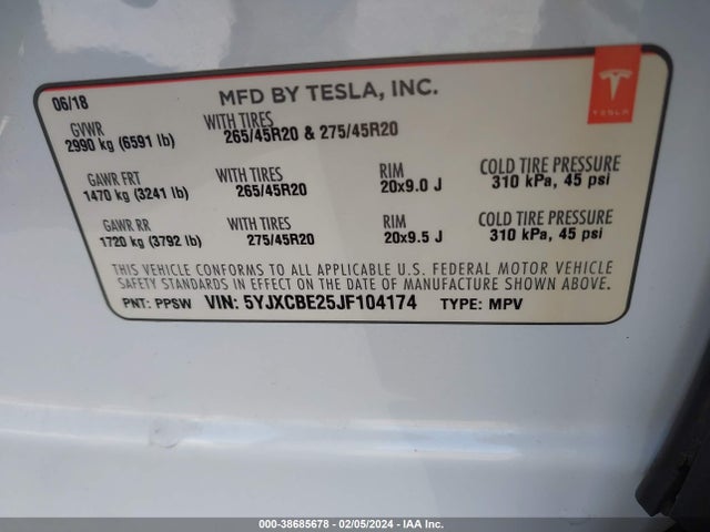 5YJXCBE25JF104174 Tesla Model X 100d/75d/p100d