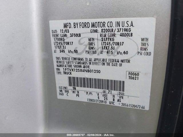 2004 FORD F-150 XL/XLT VIN: 1FTVX125X4NB01250