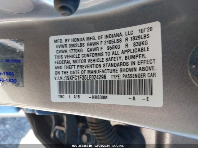 Honda CIVIC EX 2020 19XFC1F35LE024296 Image 9