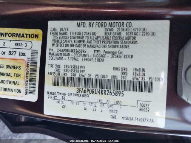 3FA6P0RU4KR265895 Ford Fusion Hybrid Titanium