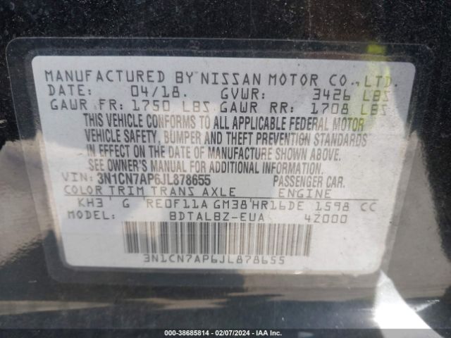 3N1CN7AP6JL878655 Nissan Versa 1.6 Sv