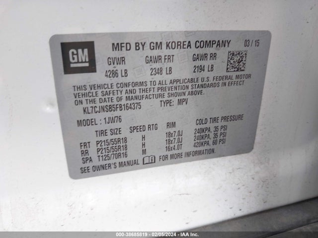Chevrolet TRAX LTZ 2015 KL7CJNSB5FB164375 Image 9