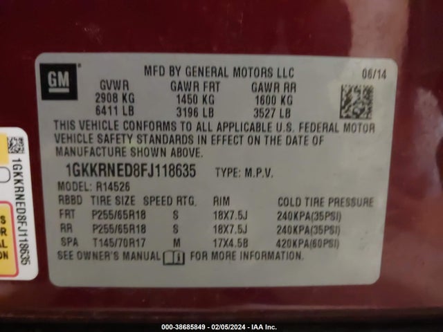 1GKKRNED8FJ118635 GMC Acadia Sle-1