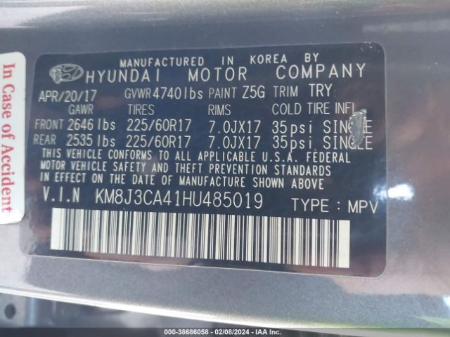 KM8J3CA41HU485019 Hyundai TUCSON SE